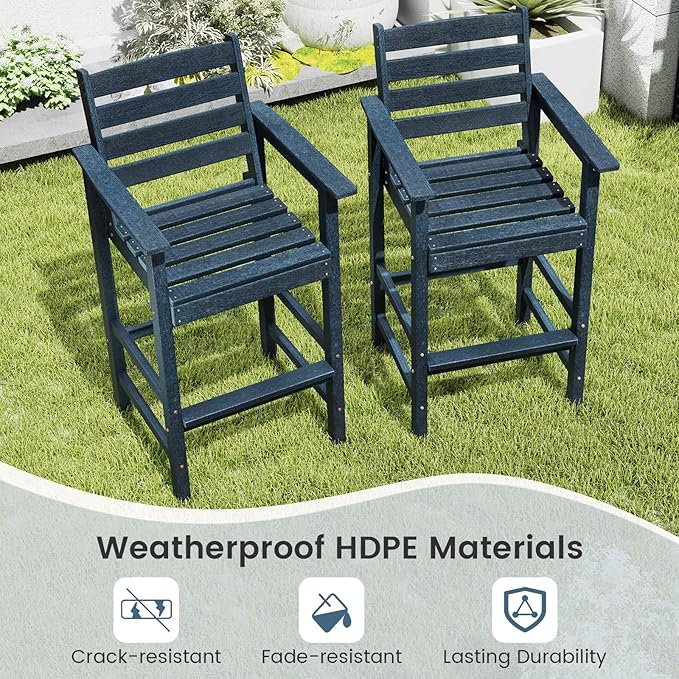 Giantex 29” Bar Stools Set of 4, HDPE Barstools w/Back, Armrests & Footrests, Max Load 330Lbs, Counter Height Bar Stools, Adirondack Chair for Patio Balcony Outdoor Bistro Set, Navy