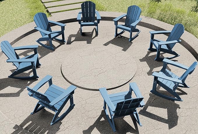 SERWALL Outdoor Adirondack Rocking Chairs Set of 8, All-Weather HDPE Adirondack Rocker Chair, Front Porch Rocker Chairs for Patio Lawn Porch Deck, Navy