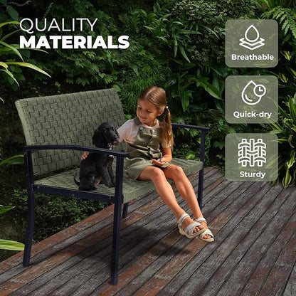 Chelsea Olive Patio Loveseat All-Weather Rope Outdoor Bench with Metal Armrest, Patio Outdoor Furniture Ideal Garden Bench for Balcony, Lawn, Backyard and Deck (Green)