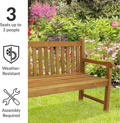 Sunnydaze 2-Person Outdoor Bench for Front Porch or Park - Wooden Teak Patio Garden Bench with Backrest - 675 lb Weight Capacity - 60"