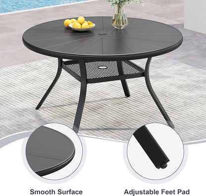 VICLLAX Round Patio Dining Table, 4-6 Person Aluminum Outdoor Dining Table with Umbrella Hole and Storage Shelf for Garden Lawn Deck, 47.2" Black