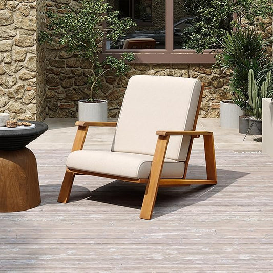 Christopher Knight Home Smeb Lounge Chair Outdoor with Cushions, Acacia Wood Adirondack Chair, Slatted Design Side Chair, Extra Seating for Balcony Backyard Poolside Garden, Teak + Beige