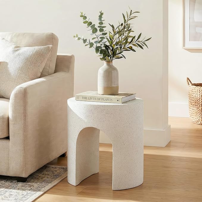 HOMPUS Outdoor Side Table w Hollow Arch, Concrete End Table, Round Patio MgO Coffee Lightweight Table, Modern Accent Vintage Garden Planter Stand for Indoor Outdoor Use, Spotted White