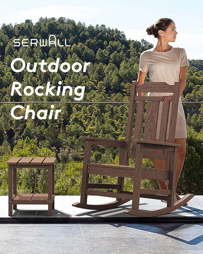 SERWALL Outdoor Rocking Chair Set of 8, HDPE Rocking Chair Outdoor for Adults, Heavy Duty Front Porch Rocker, Coffee
