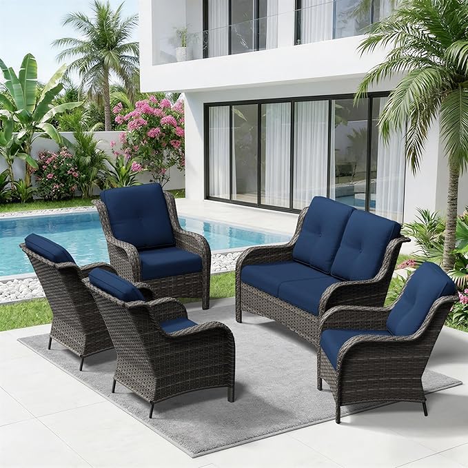 5 Piece Outdoor Wicker Patio Furniture Set, Patio Chairs Set with Thickened Olefin Cushions, High Back and Deep Seating - Photo 9