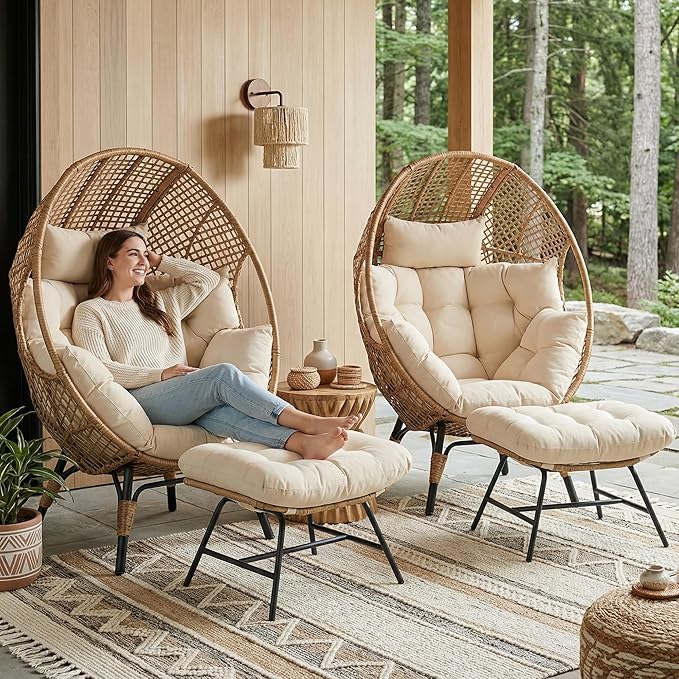 NICESOUL® 2 Person Wicker Stationary Egg Chair Indoor Outdoor Egg Basket Lounge Chair Oversized Thick Cushions Egg Seat - Photo 4