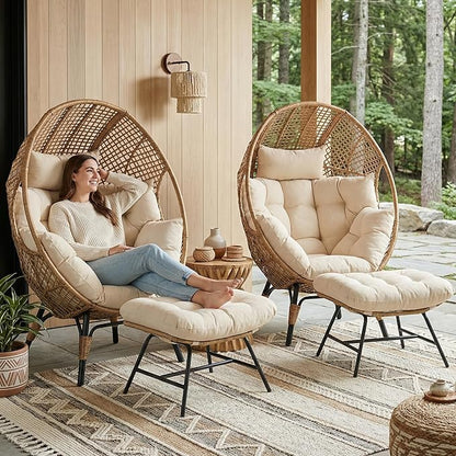 NICESOUL® 2 Person Wicker Stationary Egg Chair Indoor Outdoor Egg Basket Lounge Chair Oversized Thick Cushions Egg Seat,440lbs Egg Nest Chair with Ottoman, Boho Chairs in Pair Beige