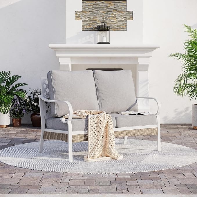 Metal Patio Furniture Loveseat with 5.75" Extra Thick Waterproof Cushion, 2-Seater Deep Seating & High-Back White Outdoor Couch All Weather Outdoor Seating for Gazebo Porch, Light Gray
