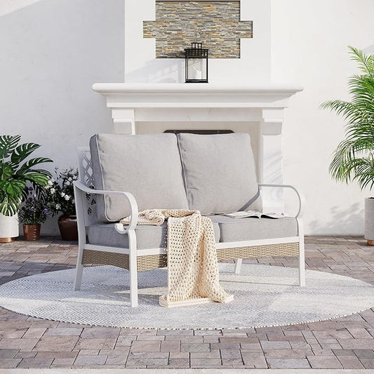 Metal Patio Furniture Loveseat with 5.75" Extra Thick Waterproof Cushion, 2-Seater Deep Seating & High-Back White Outdoor Couch All Weather Outdoor Seating for Gazebo Porch, Light Gray