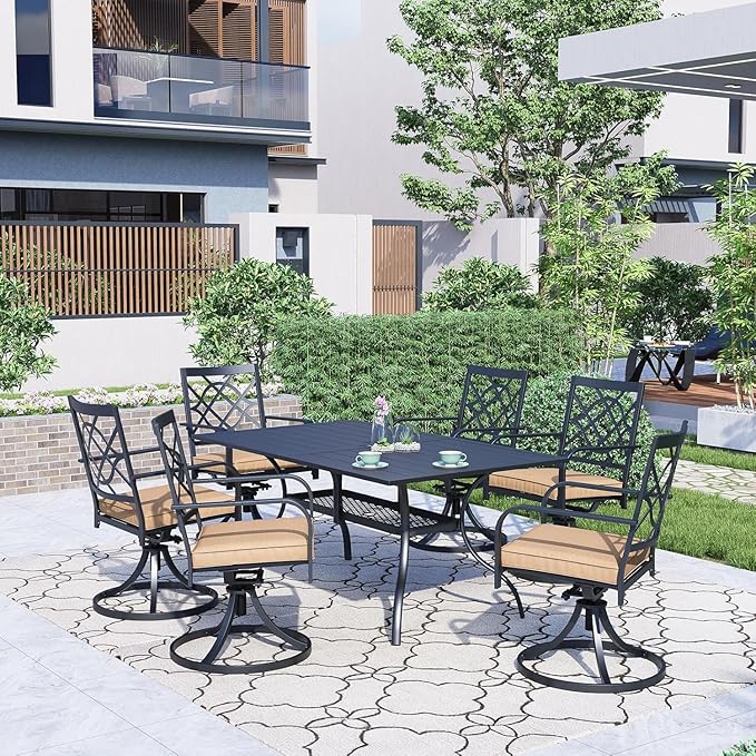 SUNCROWN 7-Pieces Outdoor Dining Set Metal Swivel Cushioned Chairs Patio Furniture Sets with Steel Slat Bistro Table for Backyard, Lawn, Garden, Deck, Poolside