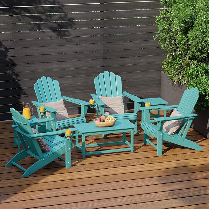 Costaelm Lakeview 7-Piece HDPE Outdoor Patio Furniture Adirondack Conversation Set, Turquoise
