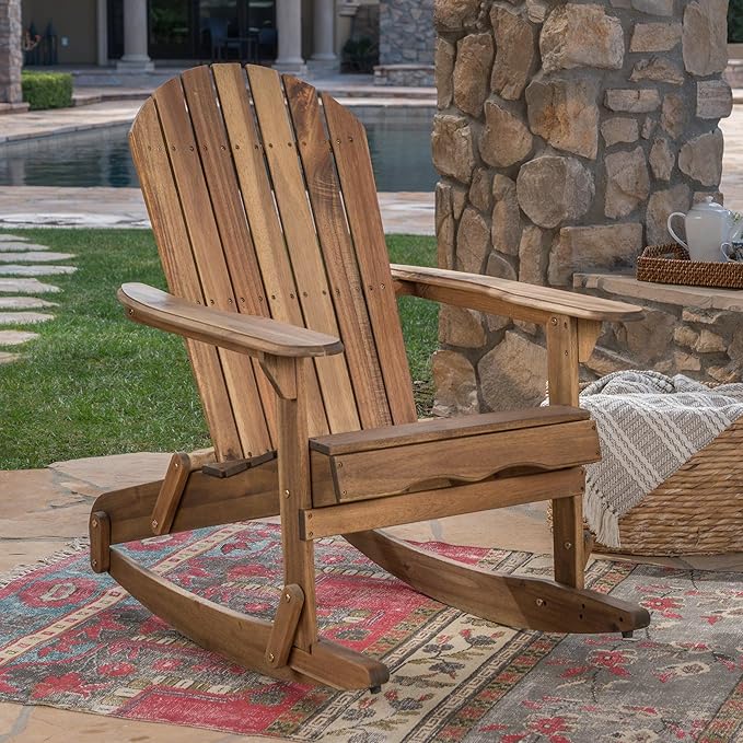 Christopher Knight Home Vayne Acacia Wood Lounge Chair Outdoor, Slatted Adirondack Rocking Chair, Patio Adirondack Chair, Extra Seating for Balcony Backyard Poolside Garden, Weather Resistant, Natural