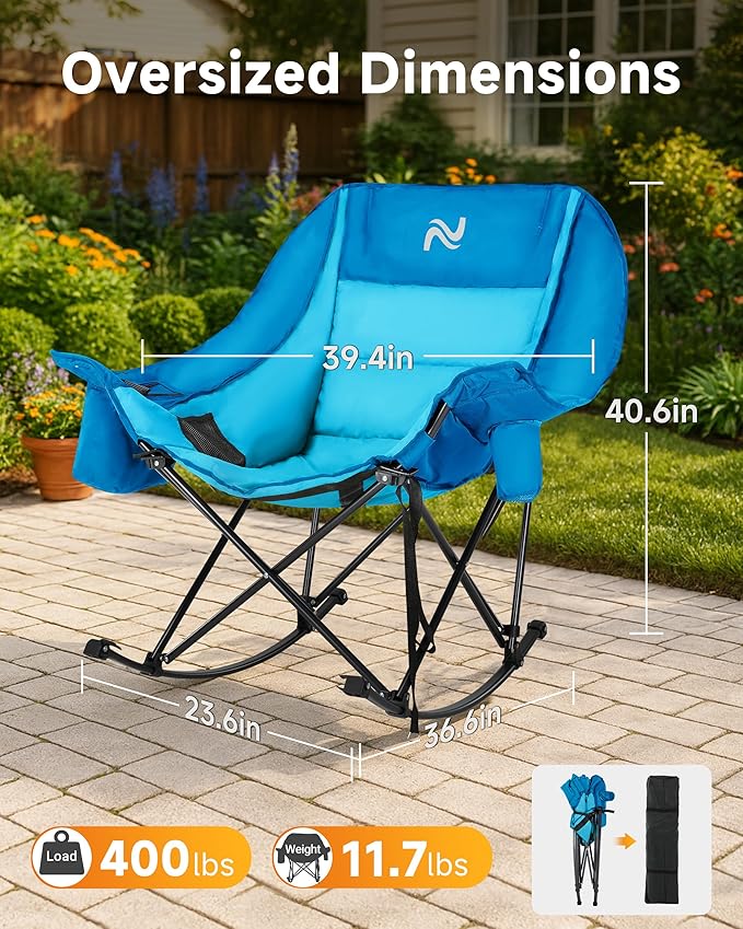 Slsy Oversized Rocking Camping Chair for Adults, 400 lbs Heavy Duty Padded Recliner with Side Pocket, Cup Holder & Carry Bag, Foldable Outdoor Lawn Chair for Patio, Backyard, or Camp