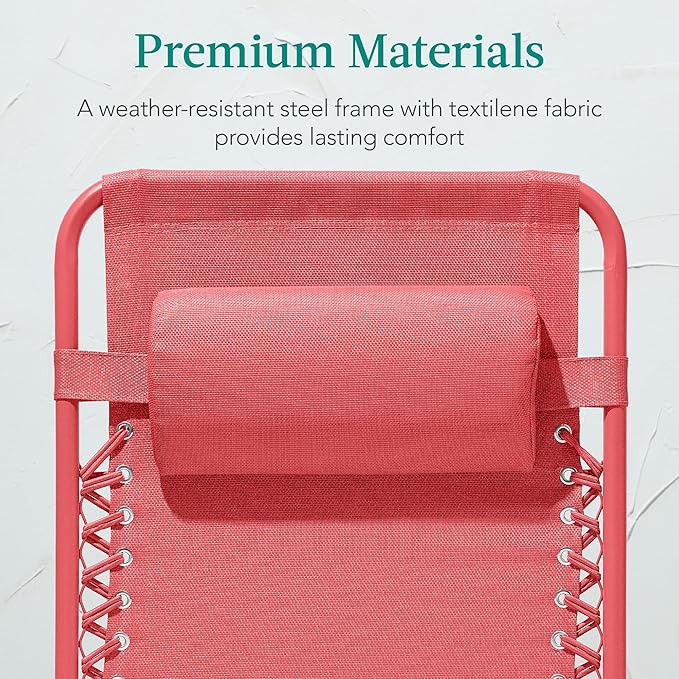 Best Choice Products Adjustable Zero Gravity Chair, Monochromatic Color Folding Patio Recliner w/Side Tray, Headrest - Coral