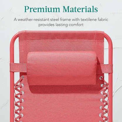 Best Choice Products Adjustable Zero Gravity Chair, Monochromatic Color Folding Patio Recliner w/Side Tray, Headrest - Coral