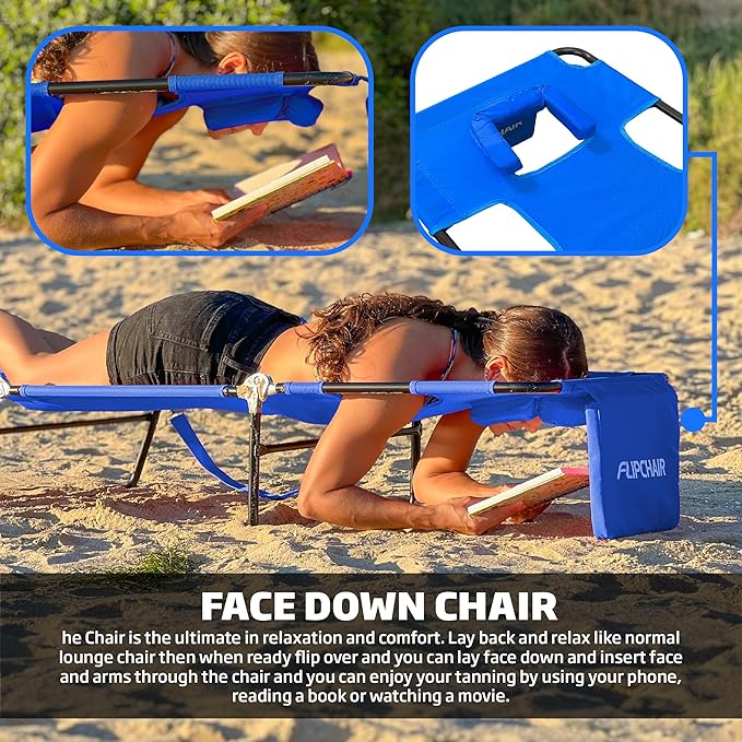 Face Down Tanning Chaise Lounge Chair - Face & Arm Holes - 2 Legs Support - Polyester Material – Backrest Positions - Head Rest Pillow - Beach or Home Use – Read and Tan - Blue Stripes Pattern