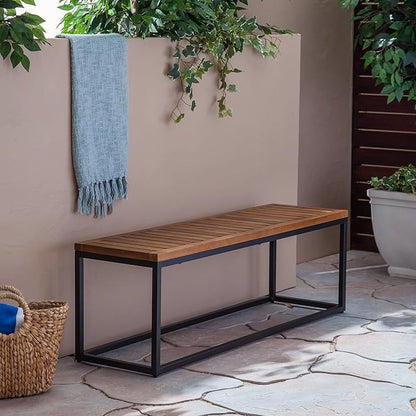Drew Outdoor Industrial Acacia Wood and Iron Bench, Teak and Black