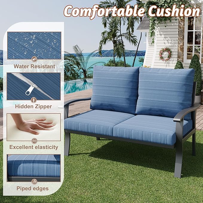 HOMREST Outdoor Loveseat Aluminum Patio Furniture Sofa, All-Weather Metal Outdoor Couch with Cushions, Blue - Photo 5
