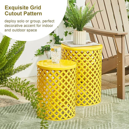 Glitzhome Outdoor Side Table Set of 2, Decorative Garden Stool for Patio Heavy Duty Metal Frame Accent Table Modern End Table, Yellow