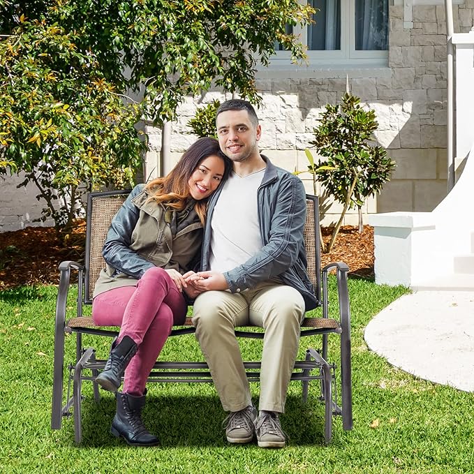Giantex Patio Glider Bench, 400 Lbs Capacity, Steel Frame, Brown, Outdoor Swing Chair, 2-Person Loveseat, Back Support, Ergonomic Design, Superior Fabric, Natural Style
