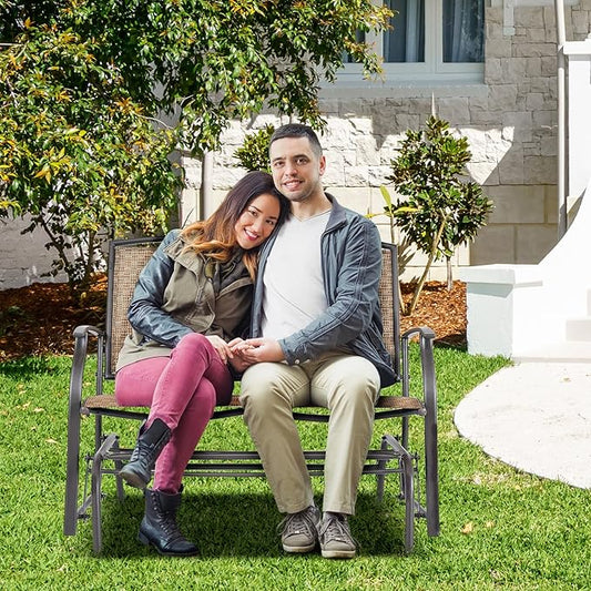 Giantex Patio Glider Bench, 400 Lbs Capacity, Steel Frame, Brown, Outdoor Swing Chair, 2-Person Loveseat, Back Support, Ergonomic Design, Superior Fabric, Natural Style