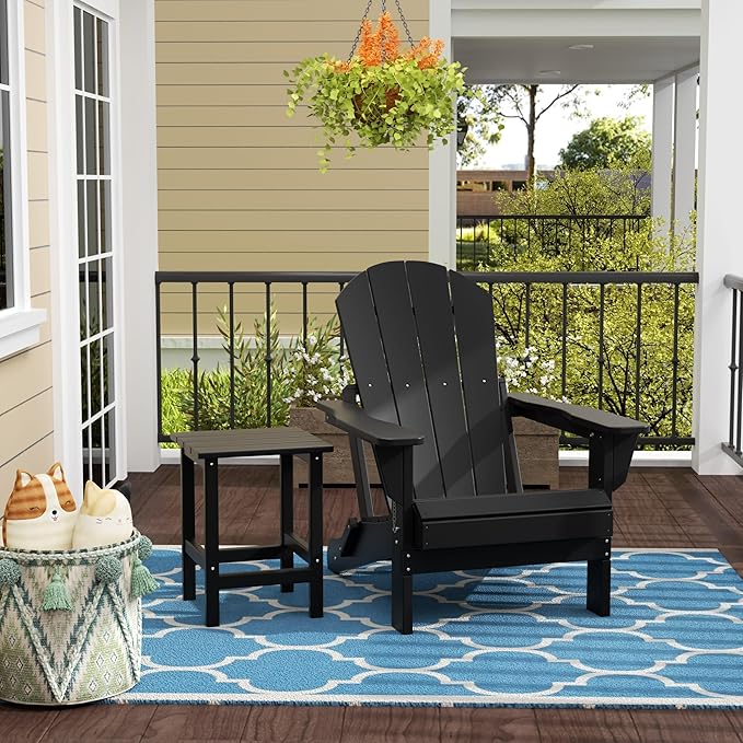 WestinTrends Malibu 2-Pieces Adirondack Chair Set with Side Table, All Weather Outdoor Seating Plastic Patio Lawn Chair Folding for Outside Porch Deck Backyard, Black