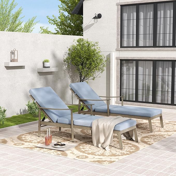 Outdoor Lounge Chairs with Armrest, 2 PCS Patio Aluminum Chaise Lounge Set Outdoor Adjustable Backrest with Rope Design, Patio Recliner Chairs Cushions for Lawn Pool Beach (Brown)