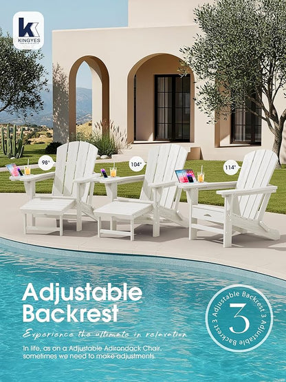 KINGYES Adjustable Folding Adirondack Chair with Footrest & 4-in-1 Multi-Functional Armrest Organizer Set of 2, HDPE Foldable Recliner Adirondack Chair with Pull-Out Ottoman, White