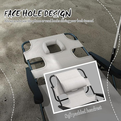 3-in-1 Oversized Sun Tanning Chair with Mat & Face Hole, Heavy Duty Folding Chaise Lounge - 5-Position Adjustable Outdoor Chair for Beach, Pool, Patio, Lawn, Yard - Includes Pillow (Beige)