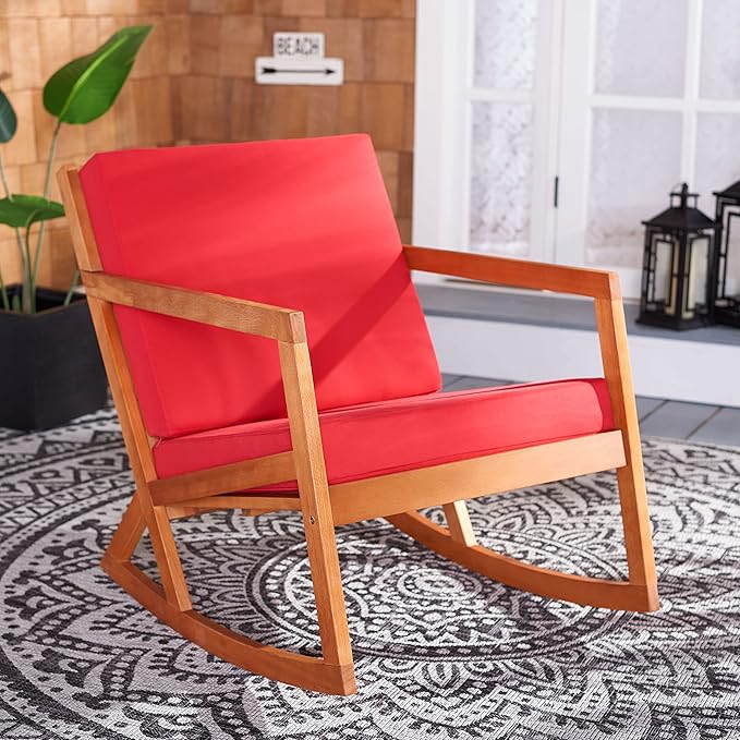 Safavieh Outdoor Collection Vernon Wood Cushion Rocking Chair PAT7013R, Natural/Red