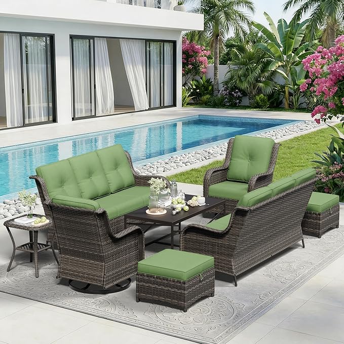8 Piece Outdoor Wicker Patio Furniture Set, Outdoor Swivel Rocker Patio Chairs Set with Thickened Olefin Cushions - Photo 7