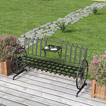 Outdoor Bench Patio Outdoor Garden Bench with Built-in Table, Wagon Wheel Arms, 3 People Outdoor Bench Garden Bench Front Porch Furniture (Black)