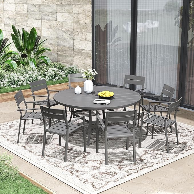 Patio Dining Table for 6-8, Round Metal Outdoor Table with 1.57" Umbrella Hole, 53" Outdoor Slat Tabletop Dining Table for Backyard, Porch, Lawn, Dark Grey