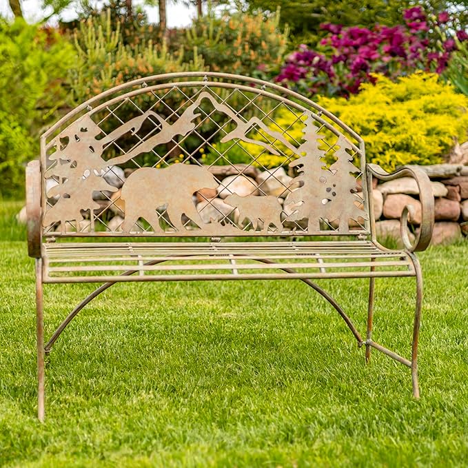 Classic Iron Garden Bench with Nature Scenery (Grizzly Bear & Mountain in Green)