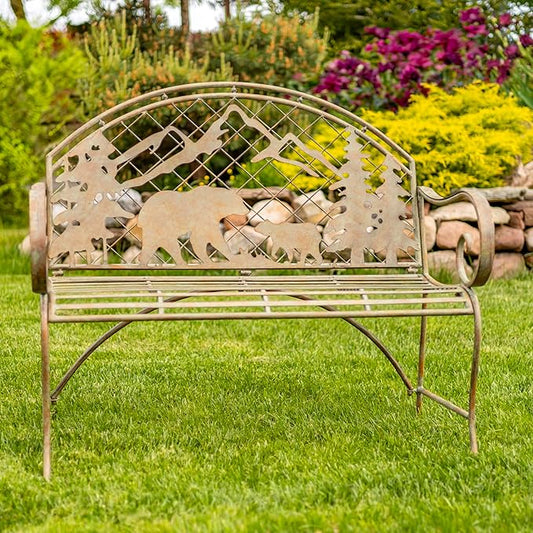 Classic Iron Garden Bench with Nature Scenery (Grizzly Bear & Mountain in Green)