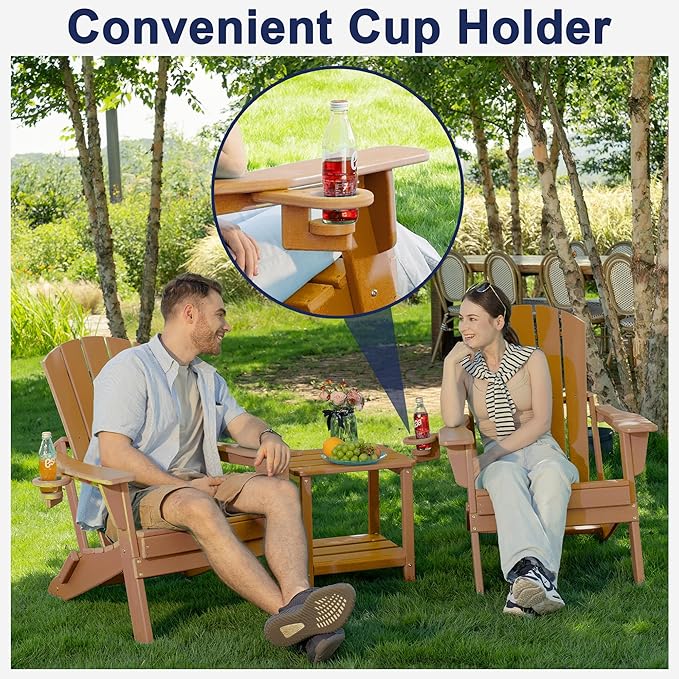 Plawdlik Folding Adirondack Chair Set of 6 with Cup Holder，Wooden Textured ，Heavy All-Weather HDPE Comfortable Set Poolside Backyard Lawn, Teak