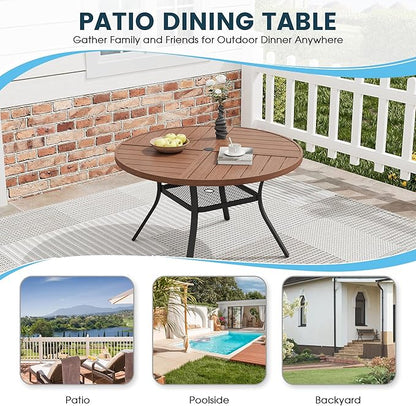 Patio Dining Table for 4, Round Metal Outdoor Table with Storage Shelf, 1.57" Umbrella Hole, 41" Outdoor Quartered Tabletop Dining Table for Backyard, Porch, Lawn, Walnut