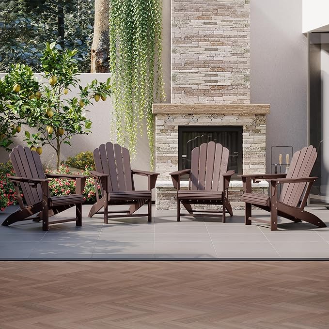 Costaelm Lakeview Outdoor Patio HDPE Adirondack Chairs with Cup Holders (Set of 4), Dark Brown