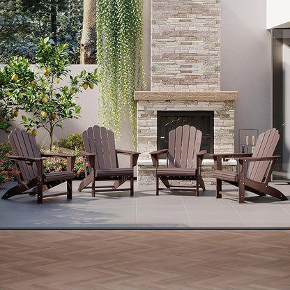 Costaelm Lakeview Outdoor Patio HDPE Adirondack Chairs with Cup Holders (Set of 4), Dark Brown