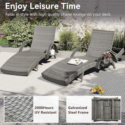 80.3” Outdoor Chaise Lounge, Grey Pool Lounge Chairs Set of 4, Wicker Recliner Chair with Pull-Out Side Table, Adjust Back Patio Sunbathing Lounge Chairs for Outside, Garden, Deck, Backyard