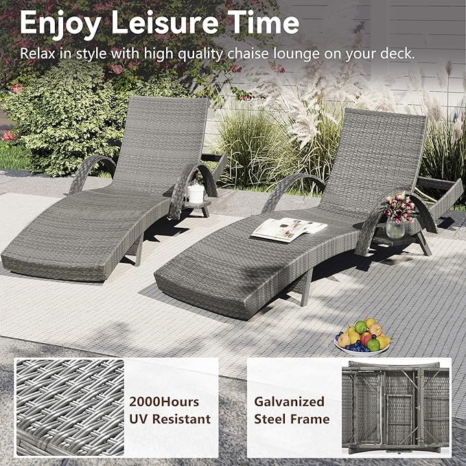80.3” Outdoor Chaise Lounge, Grey Pool Lounge Chairs Set of 6, Wicker Recliner Chair with Pull-Out Side Table - Photo 3