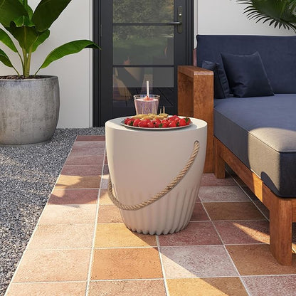 Outdoor Side Table for Patio- 16.5” Round MgO Stone Concrete Side Table, Modern Accent Table with Hemp Rope, Lightweight Weatherproof End Table for Patio, Garden, or Indoor Use, Gray
