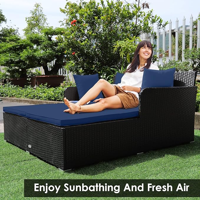 Tangkula Outdoor Rattan Daybed, Sunbed Wicker Furniture w/Spacious Seat, Upholstered Cushion & High-Resilience Sponge - Photo 2