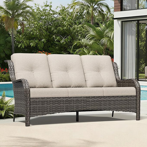 Joyside Outdoor Patio Couch, 3 Seater Outdoor Wicker Sofa with High Back, Deep Seating, Wide Armrest, Thickened Cushions - Photo 1