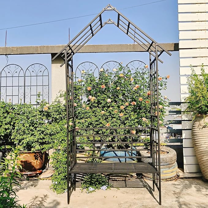 Convertible Metal Garden Bench & Trellis 58" W, Outdoor Seating with Plant Stand, Steel Arbor for Roses, Ivy, Jasmine