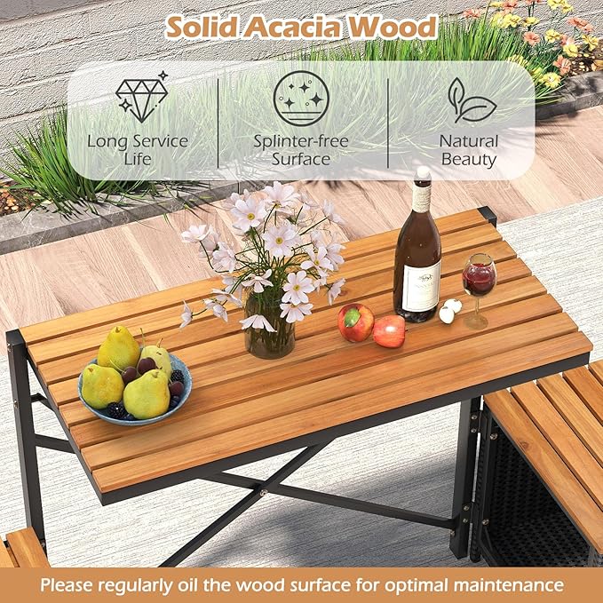 HAPPYGRILL 2-in-1 Outdoor Storage Bench Convertible Picnic Table and Chairs Set with Metal Frame, Acacia Wood Rattan Patio Loveseat for Garden, Backyard, Porch, Deck