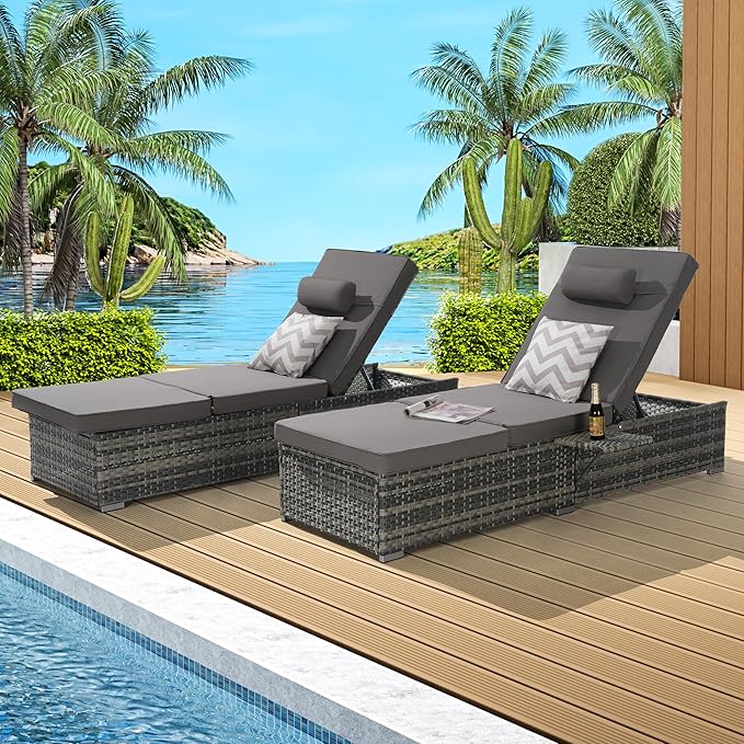 Outdoor Chaise Lounge Chair Set of 2 Wicker Pool Lounge Chairs Tanning Lounges for Outside Lawn Sunbathing Chairs with - Photo 1
