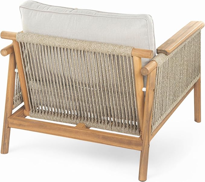 Christopher Knight Home Hadley Patio Club Chairs with Water-Resistant Cushion, Acacia Wood Lounge Chair Outdoor, Wooden Outdoor Accent Chair, Armrest Sofa Set for Garden Porch Backyard, Teak+Beige