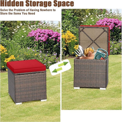 RELAX4LIFE Wicker Outdoor Storage Ottoman, 2-Piece Rattan Footstool w/Removable Cushion, Multipurpose Footrest Stool Side Table Additional Seating, Set of 2 Outdoor Ottomans for Patio Deck (Red)