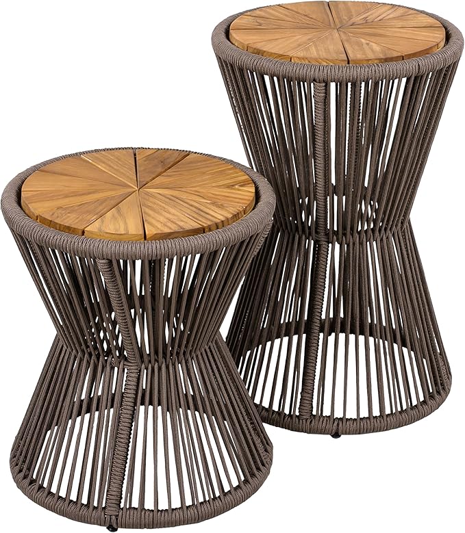 Merax Bohemian Round Outdoor Side Table Set of 2, 2 Pieces Patio Side Tables with Acacia Wood Top and Dark Grey Handwoven Rope Base, for Garden, Pool, Balcony, Elegant Hourglass Design, No Assembly
